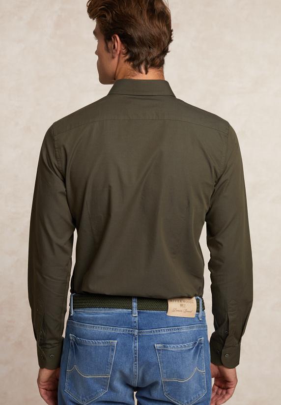 River Woods Slim Fit Katoen-wol Effen Hemd Kaki