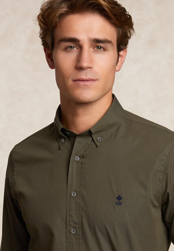 River Woods Slim Fit Katoen-wol Effen Hemd Kaki