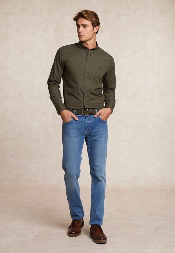 River Woods Slim Fit Katoen-wol Effen Hemd Kaki