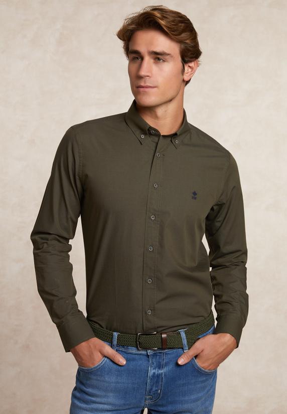 River Woods Slim Fit Katoen-wol Effen Hemd Kaki