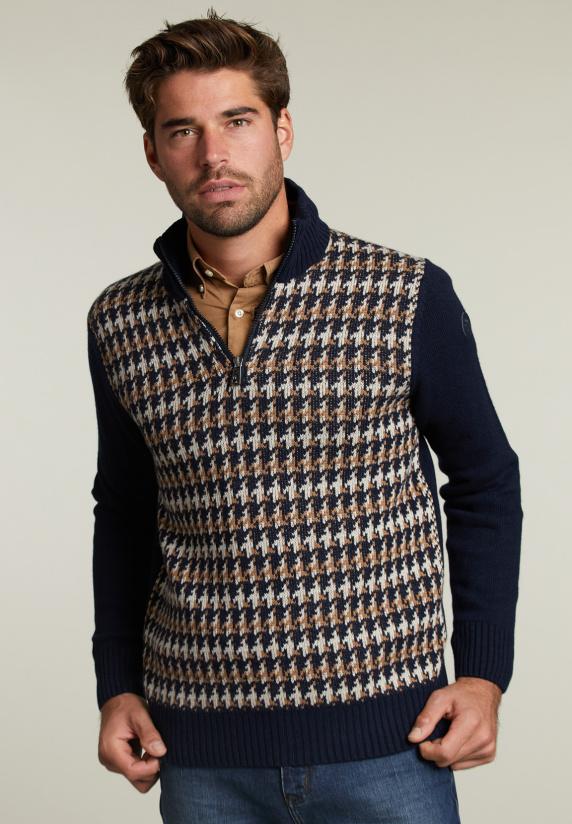 river woods Slim fit wollen trui navy/caramel mix