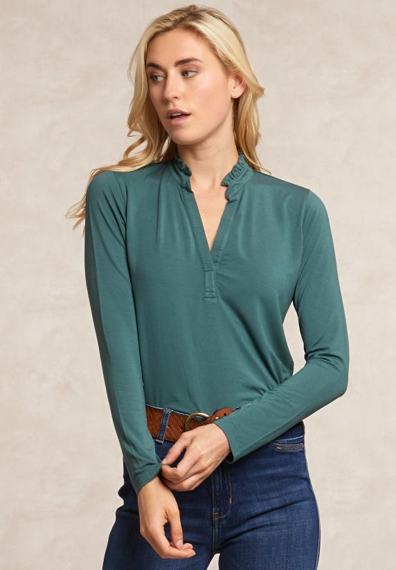 river woods Viscose T-shirt ruffelkraag groen