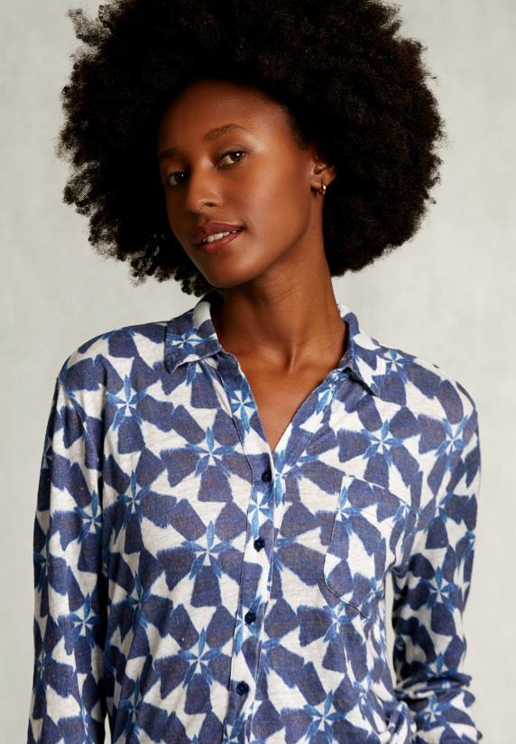 River Woods Wit/blauwe Linnen T-shirt Met Knopen