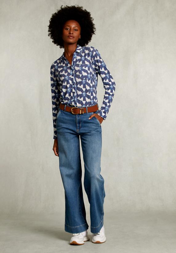 River Woods Wit/blauwe Linnen T-shirt Met Knopen