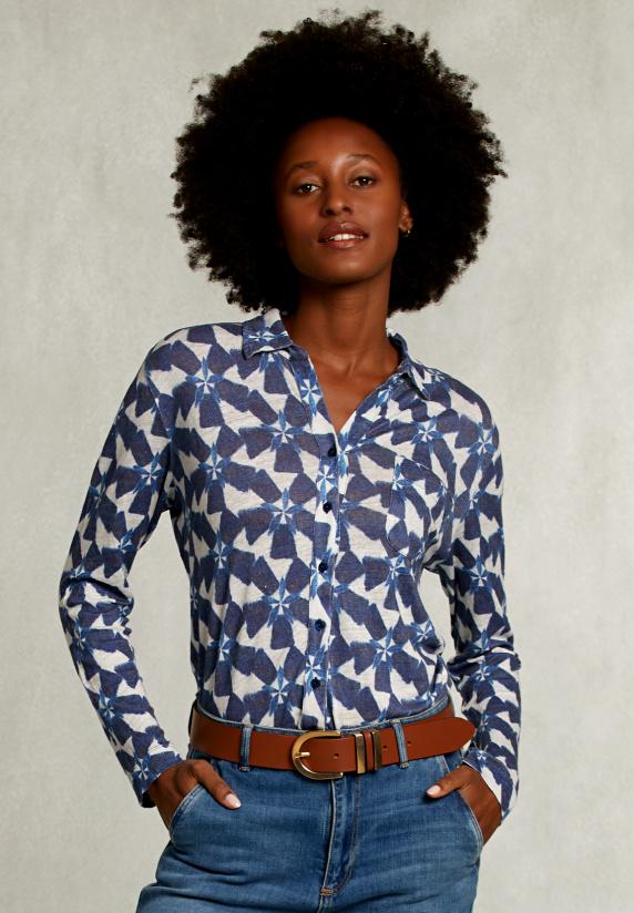 river woods Wit/blauwe linnen T-shirt met knopen