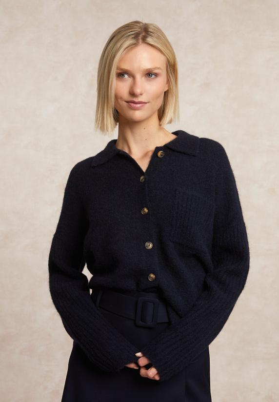 river woods Wol-alpaca cardigan borstzak navy