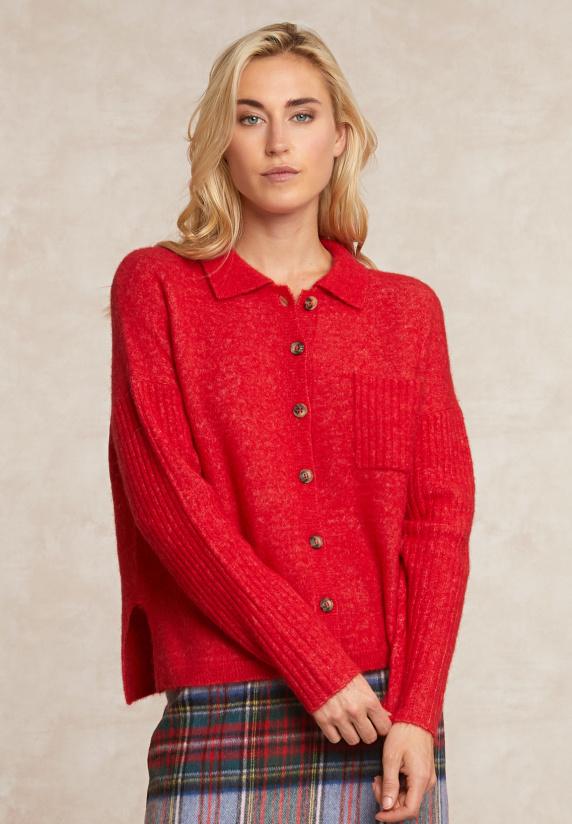 river woods Wol-alpaca cardigan borstzak rood