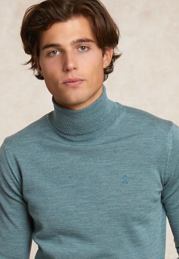 River Woods Slim Fit Basic Merino Rolkraagtrui Jade Green Mix