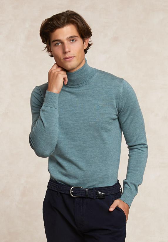 river woods Slim fit basic merino rolkraagtrui jade green mix