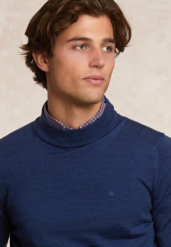 River Woods Slim Fit Basic Merinotrui Opstaande Kraag Denim Blue Mix