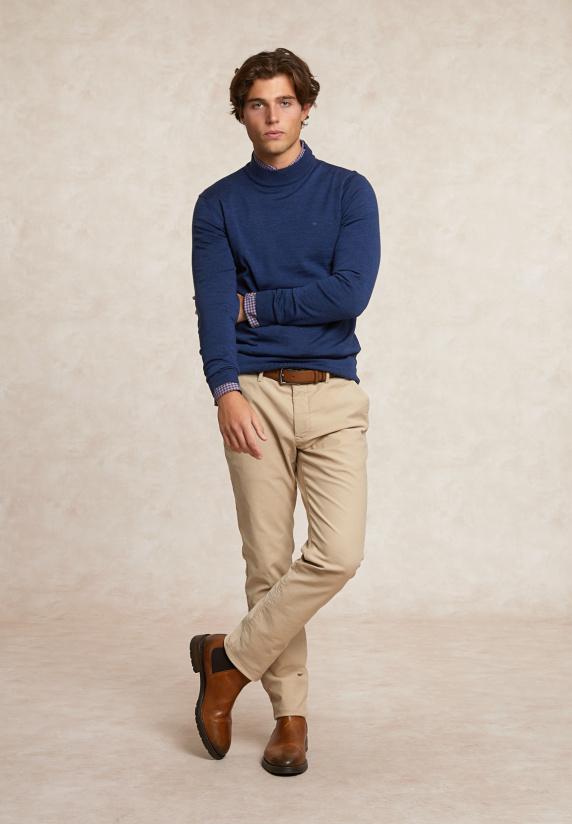 River Woods Slim Fit Basic Merinotrui Opstaande Kraag Denim Blue Mix