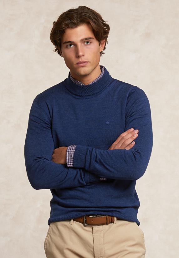 river woods Slim fit basic merinotrui opstaande kraag denim blue mix