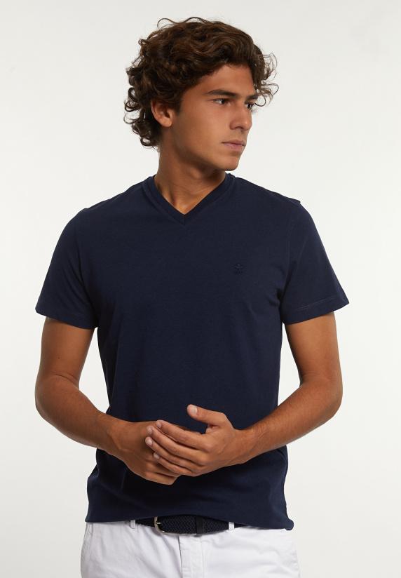 river woods Slim fit basic pima katoen V-hals T-shirt dk blue mix
