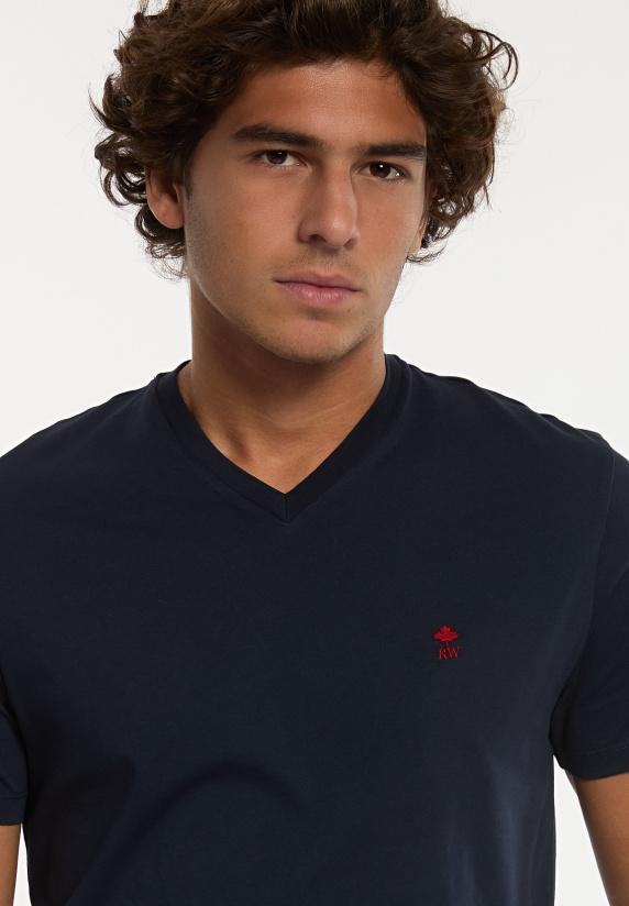 River Woods Slim Fit Basic Pima Katoen V-hals T-shirt Navy