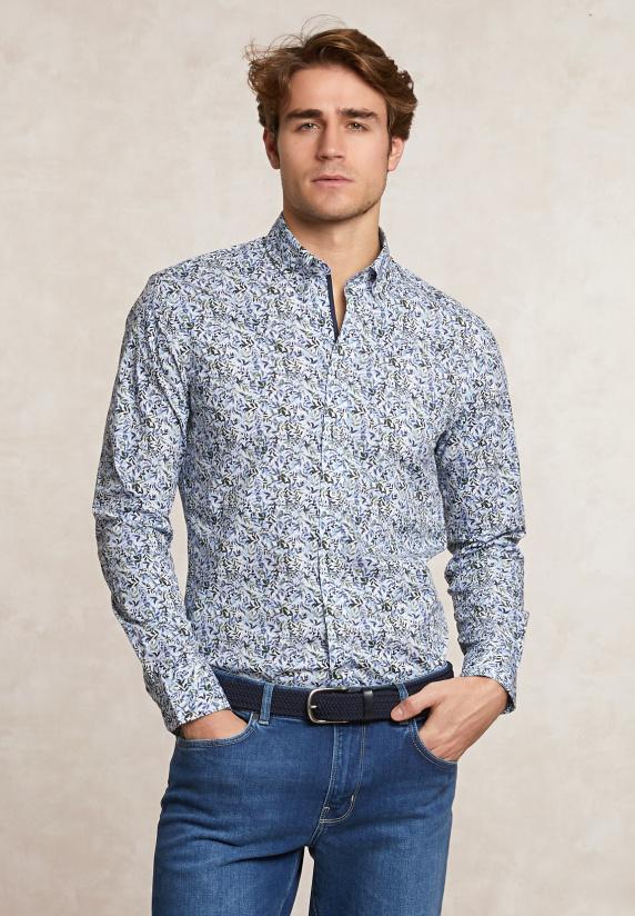 river woods Slim fit comfort stretch fantasiehemd groen/blauw