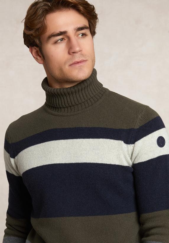 River Woods Slim Fit Fancy Gestreepte Zuivere Scheerwol Rolkraagtrui Olive Mix