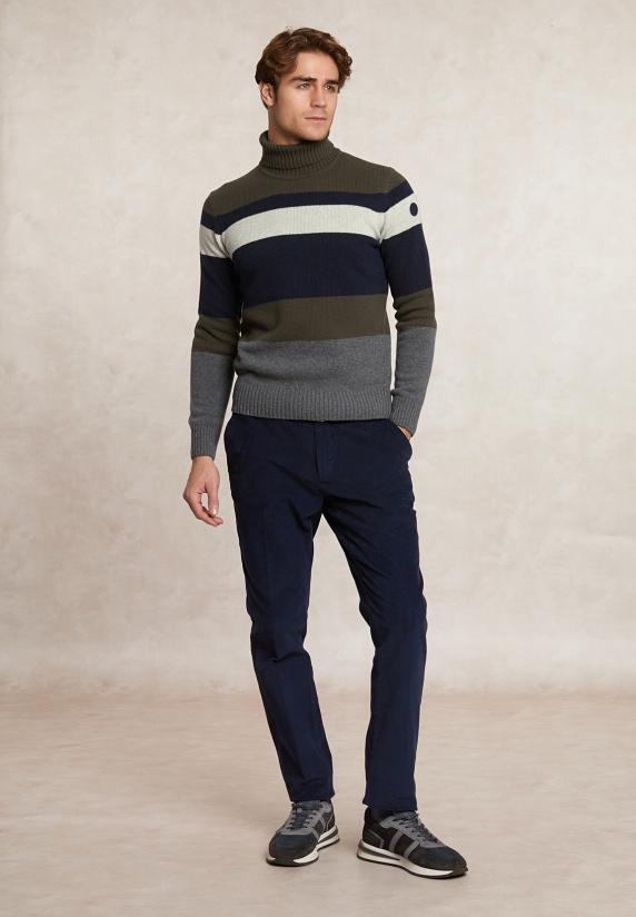 River Woods Slim Fit Fancy Gestreepte Zuivere Scheerwol Rolkraagtrui Olive Mix