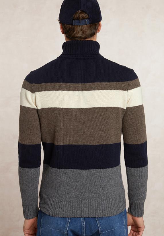 River Woods Slim Fit Fancy Gestreepte Zuivere Scheerwol Rolkraagtrui Navy/hazel Mix