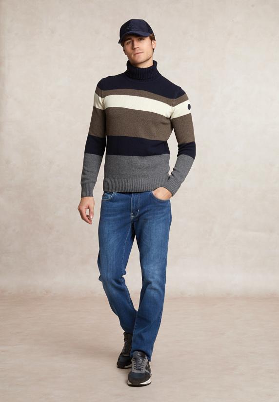 River Woods Slim Fit Fancy Gestreepte Zuivere Scheerwol Rolkraagtrui Navy/hazel Mix