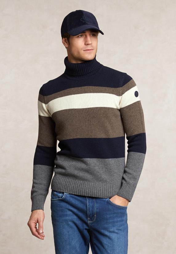 river woods Slim fit fancy gestreepte zuivere scheerwol rolkraagtrui navy/hazel mix