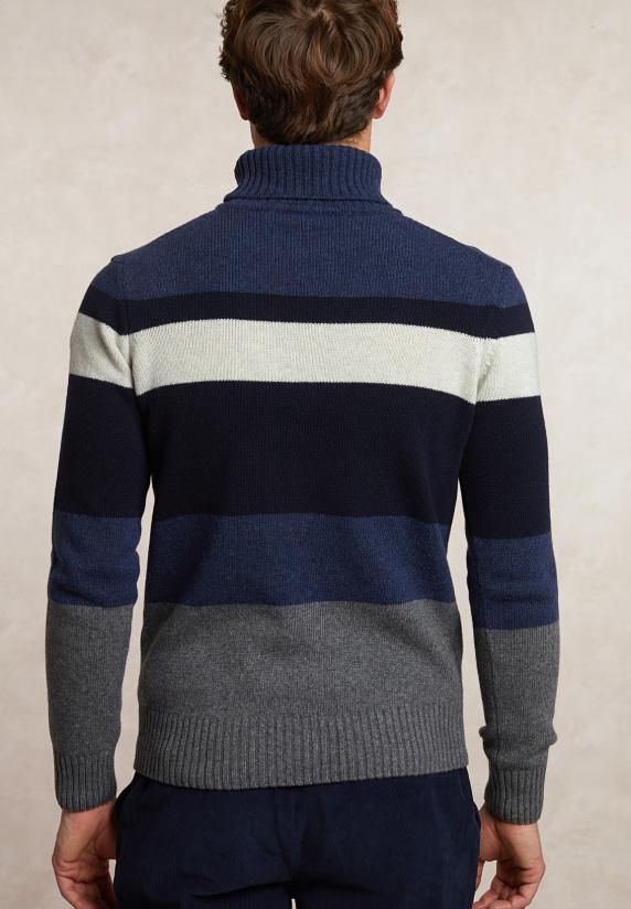 River Woods Slim Fit Fancy Gestreepte Zuivere Scheerwol Rolkraagtrui Dk Denim Blue Mix