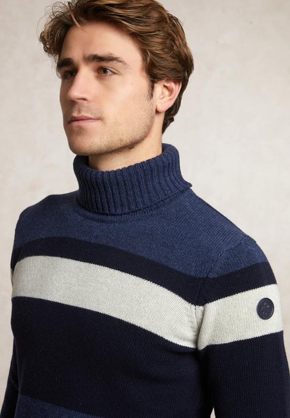 River Woods Slim Fit Fancy Gestreepte Zuivere Scheerwol Rolkraagtrui Dk Denim Blue Mix