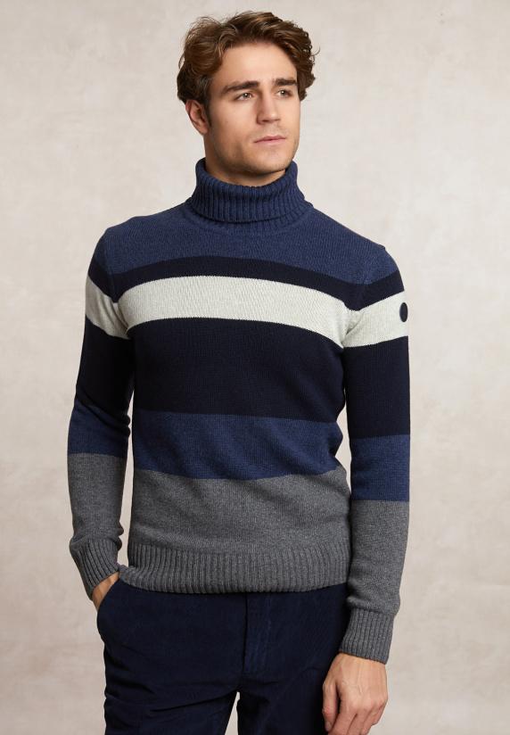 river woods Slim fit fancy gestreepte zuivere scheerwol rolkraagtrui dk denim blue mix