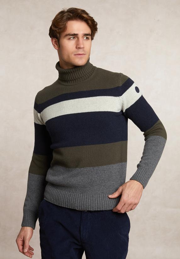 river woods Slim fit fancy gestreepte zuivere scheerwol rolkraagtrui olive mix