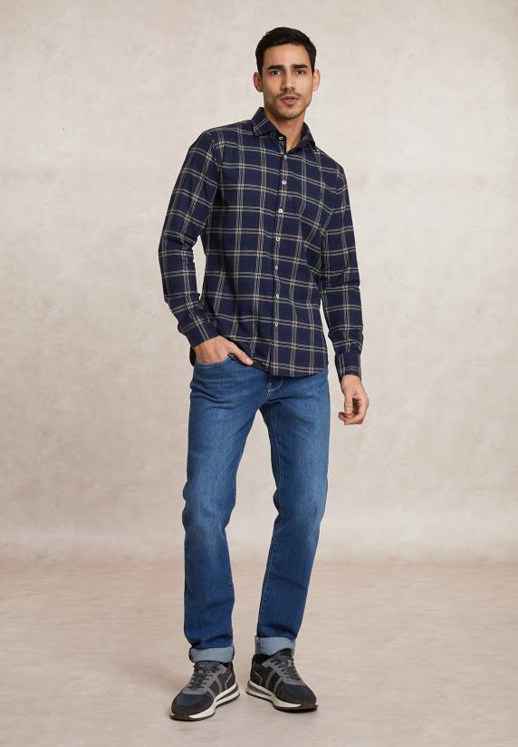 River Woods Slim Fit Geruit Flanellen Hemd Blauw/beige