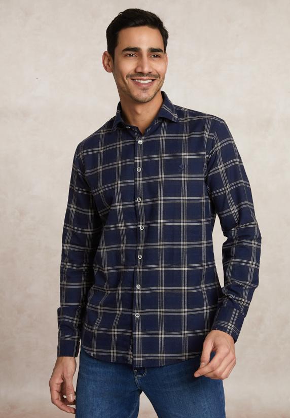 river woods Slim fit geruit flanellen hemd blauw/beige