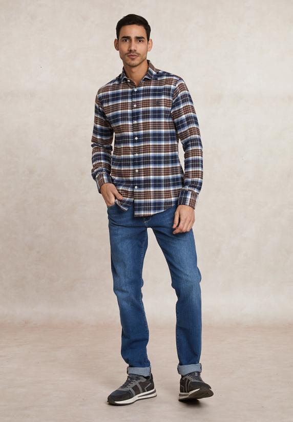 River Woods Slim Fit Geruit Flanellen Hemd Blauw/bruin