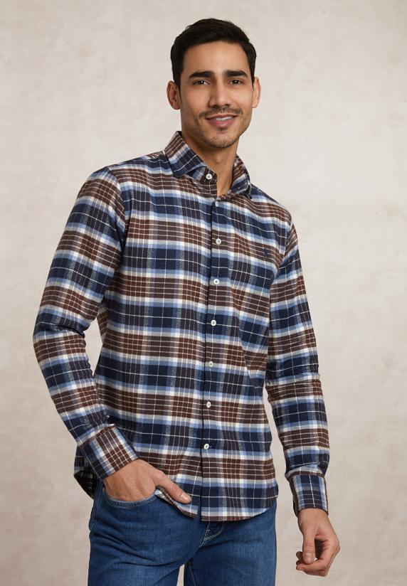 river woods Slim fit geruit flanellen hemd blauw/bruin