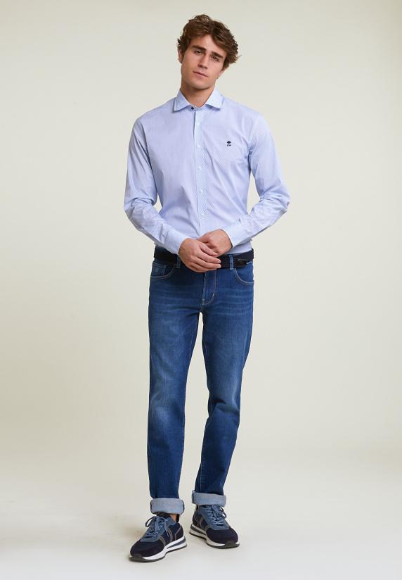 River Woods Slim Fit Gestipt Comfort Stretch Hemd Blauw