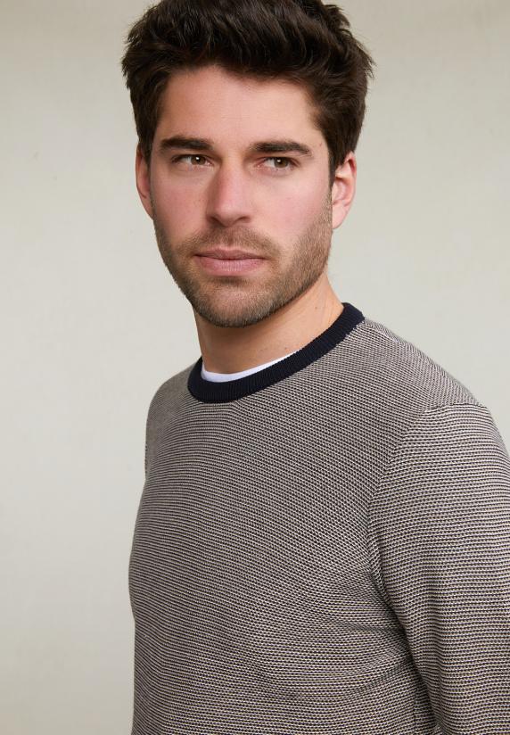 River Woods Slim Fit Gestipte Pima Katoen Trui Ronde Hals Navy