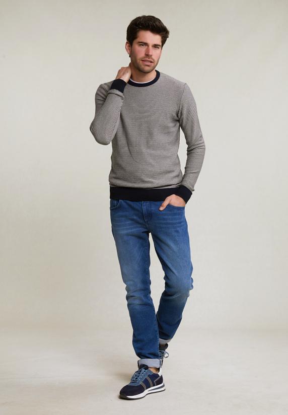 River Woods Slim Fit Gestipte Pima Katoen Trui Ronde Hals Navy