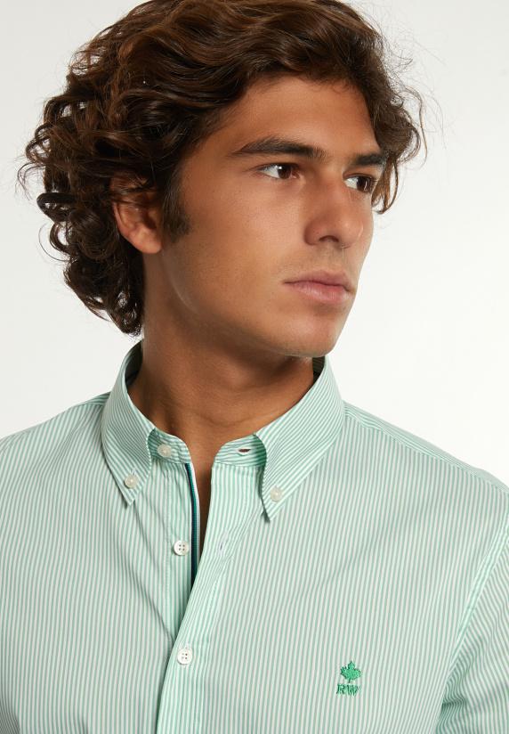 River Woods Slim Fit Gestreept Comfort Stretch Hemd Groen/wit