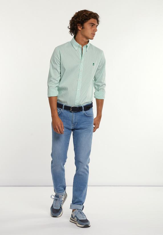 River Woods Slim Fit Gestreept Comfort Stretch Hemd Groen/wit