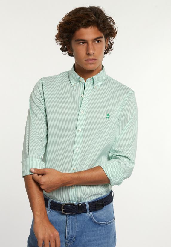 river woods Slim fit gestreept comfort stretch hemd groen/wit