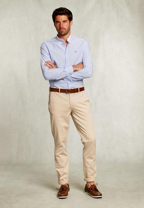 River Woods Slim Fit Gestreept Hemd Henley Kraag Blauw/wit