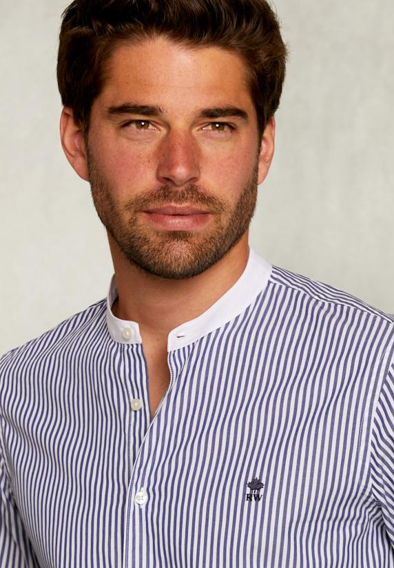 River Woods Slim Fit Gestreept Hemd Henley Kraag Blauw/wit