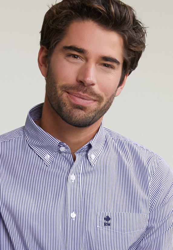 River Woods Slim Fit Gestreept Hemd Met Zak Blauw/wit