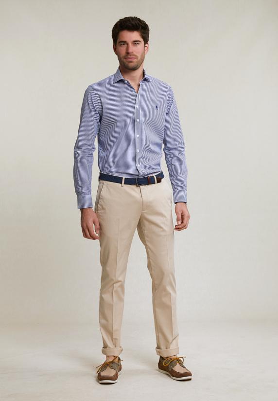 River Woods Slim Fit Gestreept Katoenen Hemd Blauw/wit