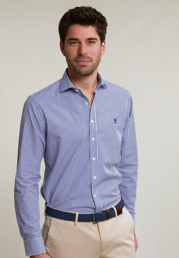 river woods Slim fit gestreept katoenen hemd blauw/wit