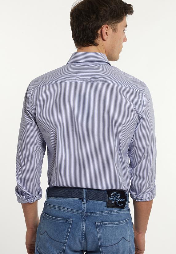 River Woods Slim Fit Gestreept Performance Stretch Hemd Blauw/wit