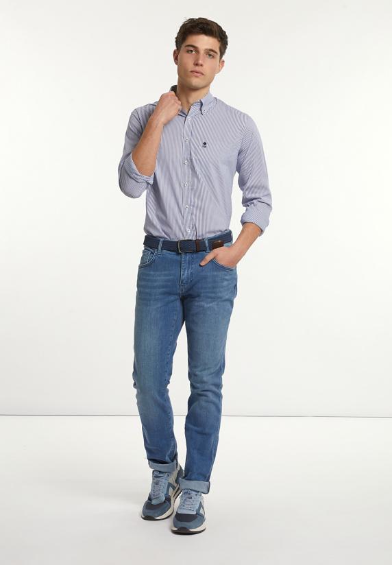 River Woods Slim Fit Gestreept Performance Stretch Hemd Blauw/wit