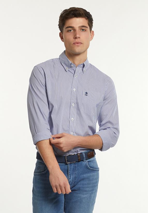 river woods Slim fit gestreept performance stretch hemd blauw/wit