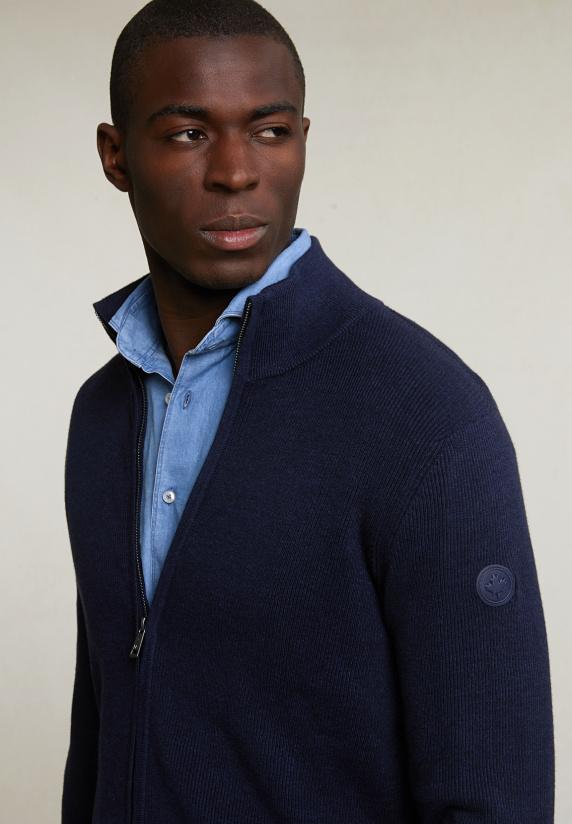 River Woods Slim Fit Katoenen Cardigan Opstaande Kraag Navy Mix