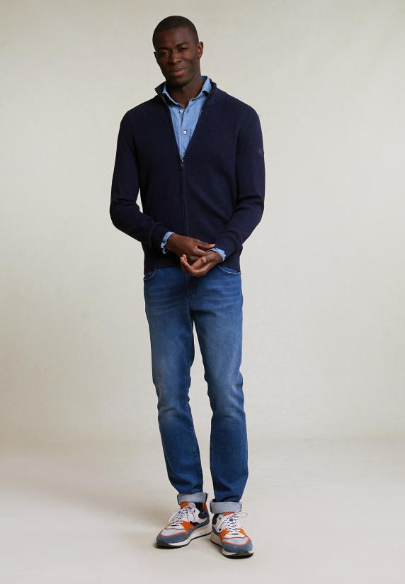 River Woods Slim Fit Katoenen Cardigan Opstaande Kraag Navy Mix