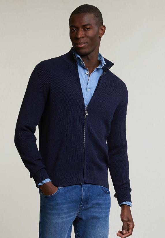 river woods Slim fit katoenen cardigan opstaande kraag navy mix