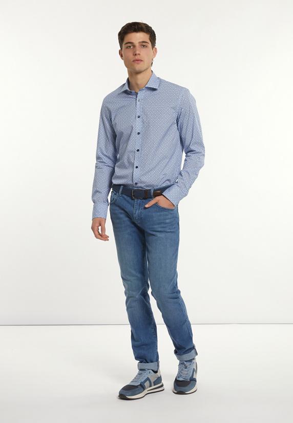 River Woods Slim Fit Katoenen Fantasiehemd Blauw/ Wit